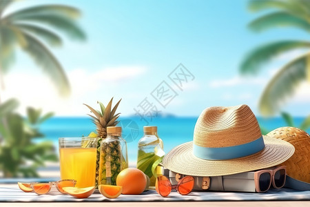 度假草帽热带海滩海边度假概念图插画