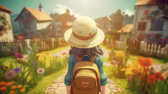 小朋友背影背着背包戴着帽子去旅行的小朋友插画