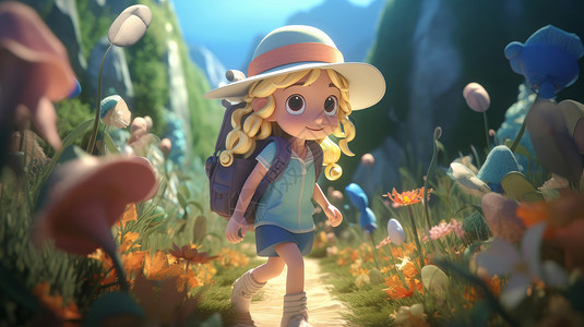 小背包零钱包背着包戴着帽子去徒步踏青的长发小女孩插画