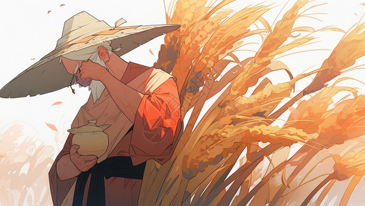 站在麦子地抱着罐子哭泣的农民背景图片
