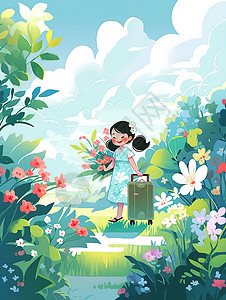 拉着行李的女孩小女孩拉着行李箱旅行平面插图插画