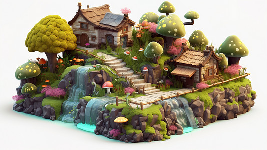 3D卡通风景房子树木插画图片