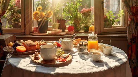茶与鲜花素材窗边桌子上晨光早餐插画
