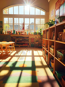 室内儿童图书馆幼儿园室内场景插画