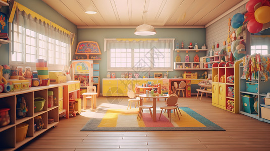 彩色地毯多彩幼儿园教室场景插画