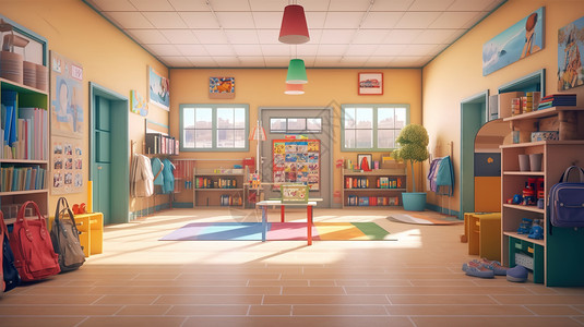 幼儿园空间整洁的幼儿园教室场景插画