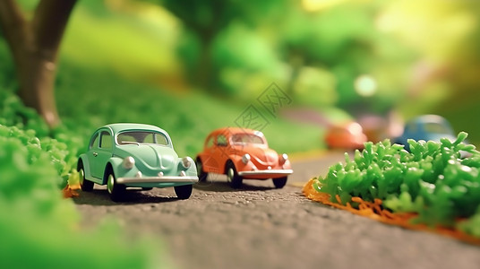 绿树成荫道路上的可爱玩具汽车背景图片