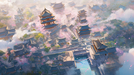 中国古风建筑小镇鸟瞰图背景图片