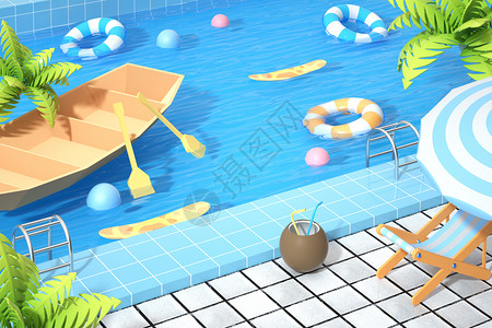 珍珠椰子船夏季泳池边场景设计图片