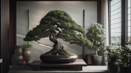 新中式客厅里独特造型的绿色松树盆景高清图片