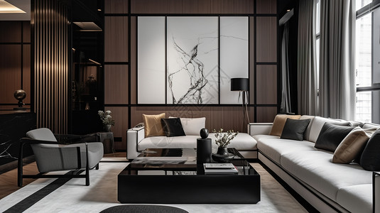 黑色木头低调新中式整洁大气的客厅插画