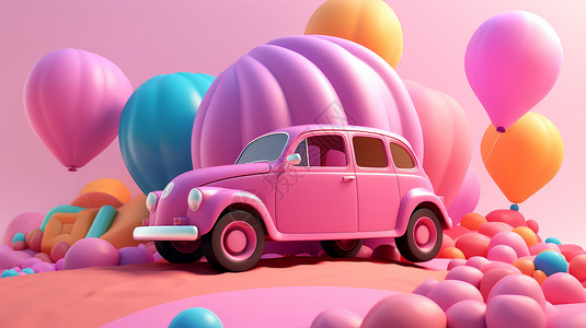 汽车被划被五颜六色的气球包围的可爱的粉色轿车插画