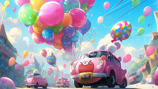可爱的粉色汽车带着很多气球去旅行背景图片