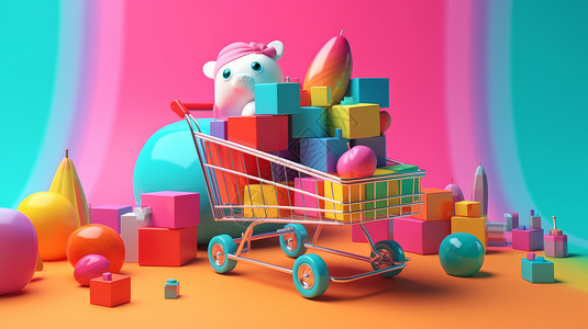 载满彩色方块与玩具的的立体购物车图片
