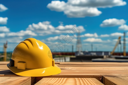 工人帽木板上的黄色安全帽特写插画