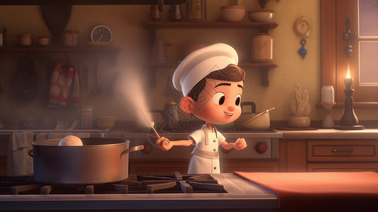 忙碌的厨师在厨房里忙碌的小厨师卡通男孩插画