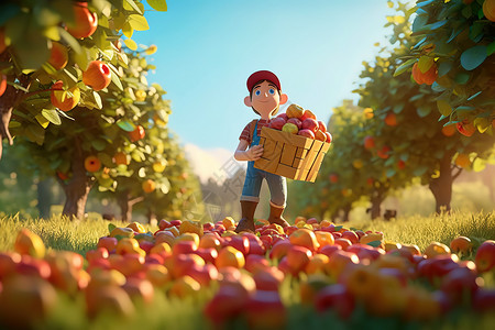 农民在采摘新鲜的苹果3D场景图片
