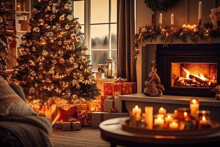 浓郁的圣诞节日气氛圣诞树壁炉背景图片
