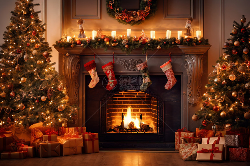 圣诞节日气氛圣诞树壁炉图片