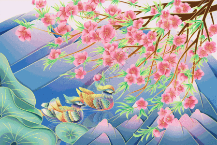 盛开的桃花树下两只嬉戏的鸳鸯GIF图片