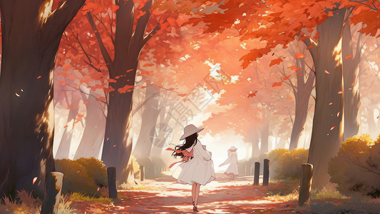 秋天在高大的枫树林下行走的卡通女孩背景图片