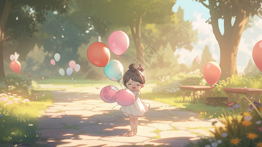 拿着气球穿白色裙子在公园里可爱的卡通小女孩图片