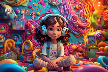 听音乐享受戴着耳机的小女孩3D插画