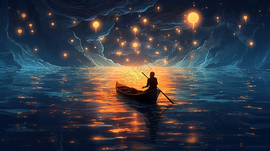 一个人在海上划船的夜景油画高清图片