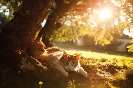 虎斑地鸫秋天午后阳光树下睡觉的猫插画
