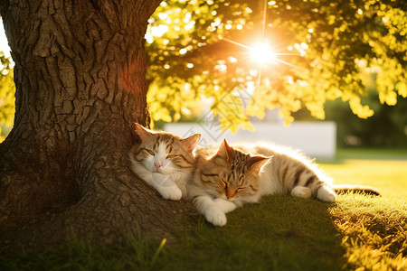 午后阳光树下睡觉的猫背景图片