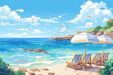 夏日大海沙滩插画治愈系风景背景图片