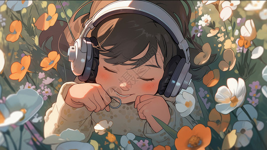 听音乐的小孩戴着耳麦在花丛中听音乐的卡通小孩插画