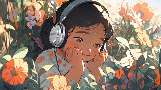 听音乐的小孩在花丛中听音的可爱的卡通小女孩插画
