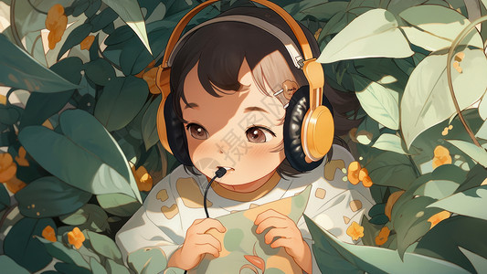 小孩听音乐戴着橙色耳麦观察植物的小女孩插画