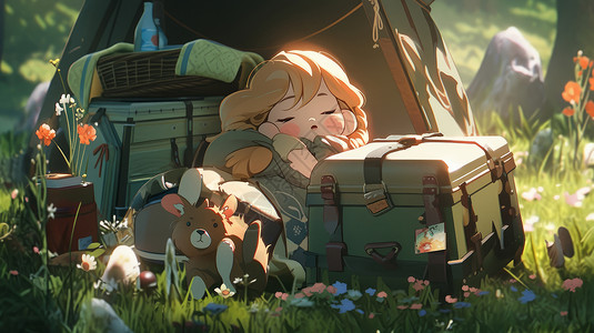 躺在野外露营酣睡的可爱的卡通小女孩图片