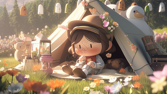 坐在露营帐篷下的卡通小女孩在草地上露营图片