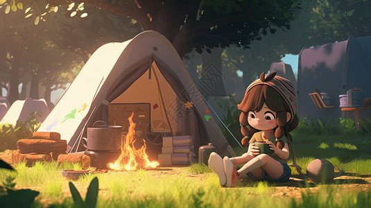 坐在露营帐篷外喝水的卡通小女孩背景图片