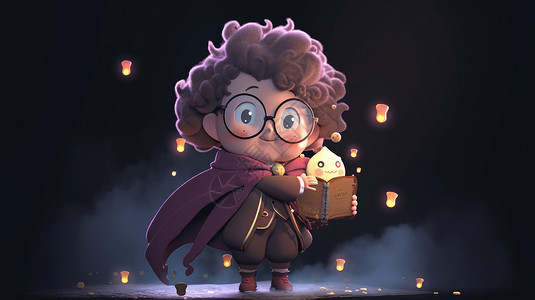 戴眼镜小魔女拿着魔法书戴着眼镜的可爱的小胖男孩3D插画