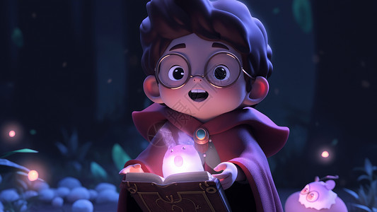 可爱的卡通小男孩拿着打开的魔法书背景图片