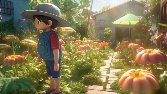背着双肩包站在花丛中的卡通小男孩背景图片