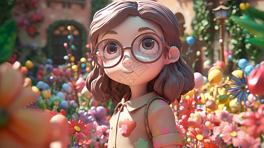 女孩站在风中站在花丛中戴着眼镜的女孩粘土风插画