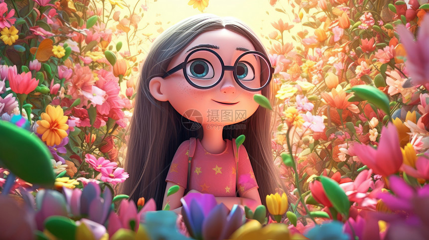可爱的长发女孩站在花丛中图片