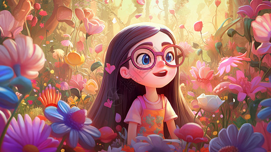 戴着眼镜的可爱的长发女孩在欣赏花朵图片
