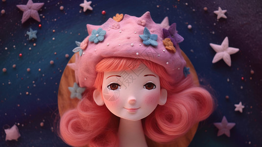 戴粉色帽子的卡通女孩羊毛毡手工画背景图片