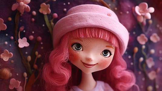 戴粉色帽子的长发女孩羊毛毡画高清图片