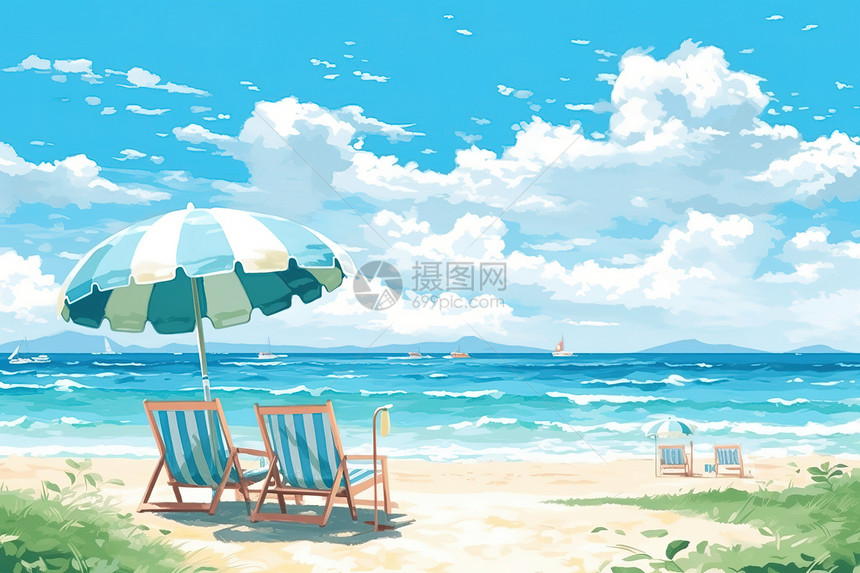 治愈系风格夏日大海沙滩躺椅插画图片