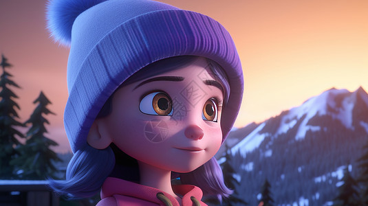 山特写可爱的卡通小女孩站在雪地里戴着紫色帽子看向远方插画