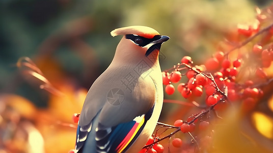 树枝上真实多彩的太平鸟高清图片