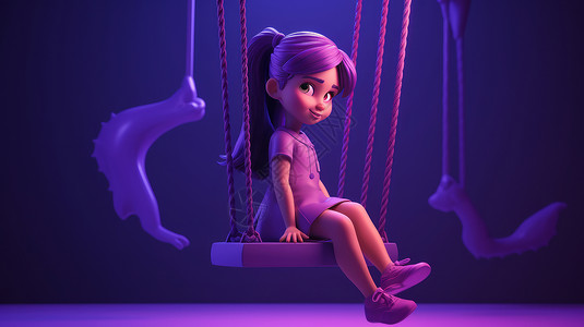 坐在紫色秋千上荡秋千的卡通小女孩背景图片