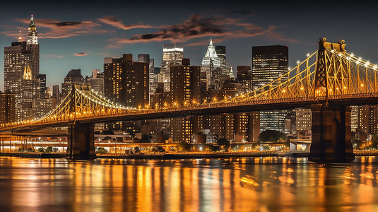 城市建筑桥夜景金碧辉煌的城市大桥插画
